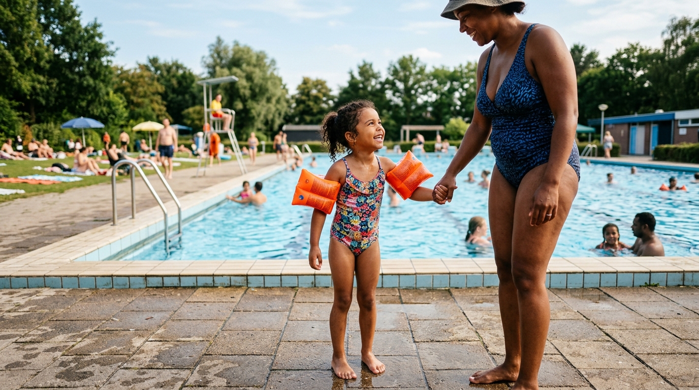 Een ouder en kind in zwemkleding staan aan de rand van een Nederlands buitenzwembad in zonnig weer.