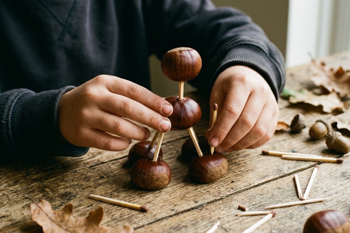 Kinderhanden maken kastanjefiguur met lucifers