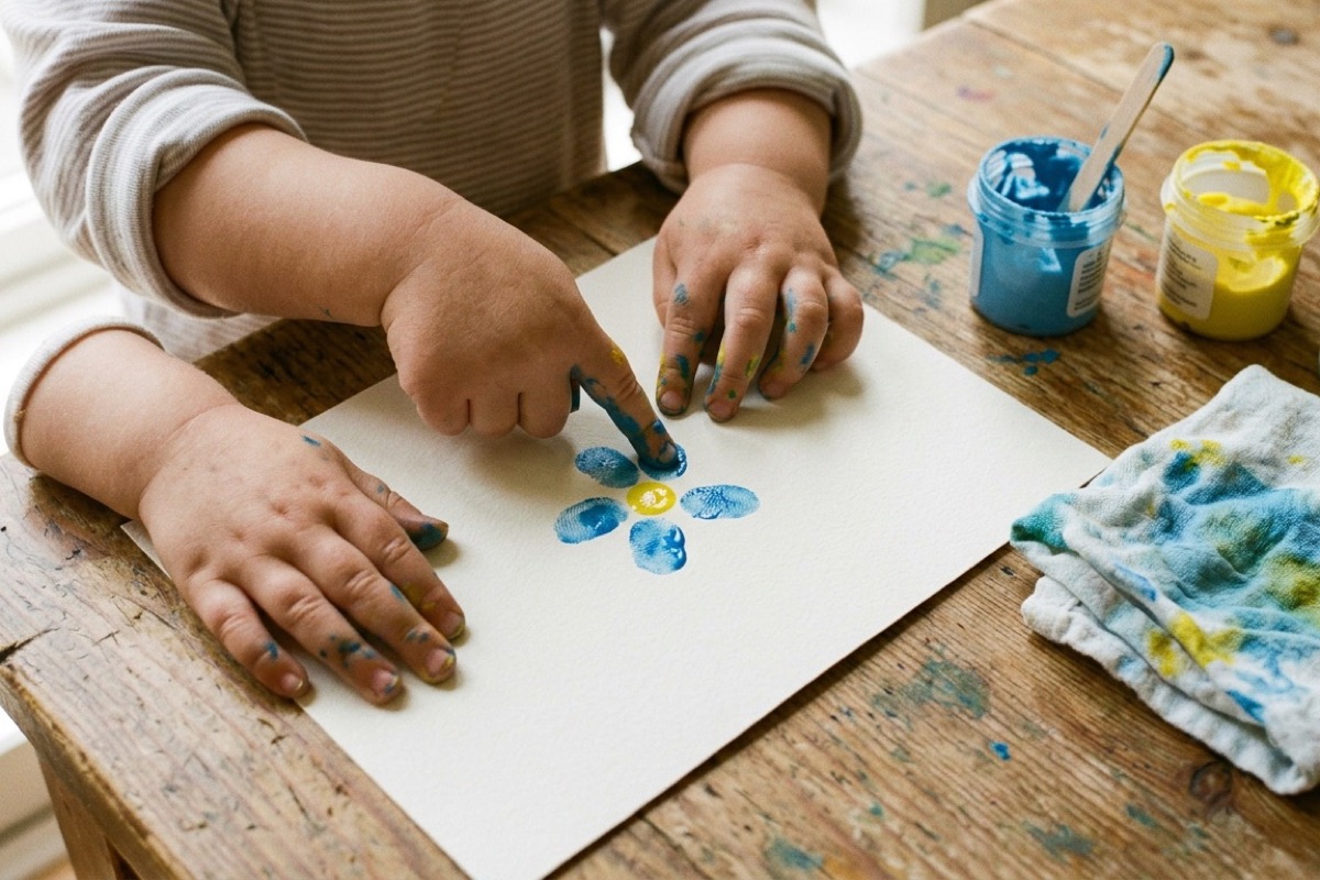 Kinderhanden vingerverf-bloem op wit papier