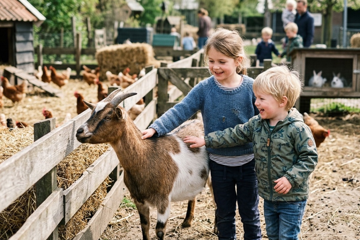 Twee Nederlandse kinderen aaien een geit op een Achterhoekse kinderboerderij