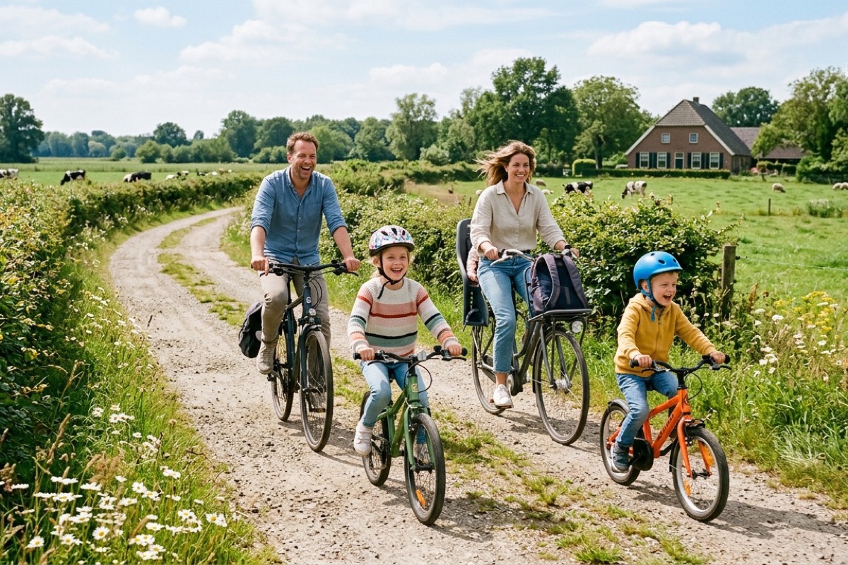 Een Nederlands gezin fietst over een rustige weg langs houtwallen en weilanden in de Achterhoek