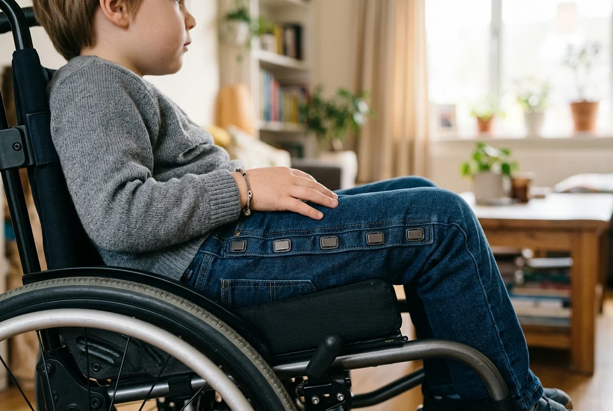 Detail-foto van adaptieve jeans met magneet-sluiting aan de zijkant voor kind in rolstoel