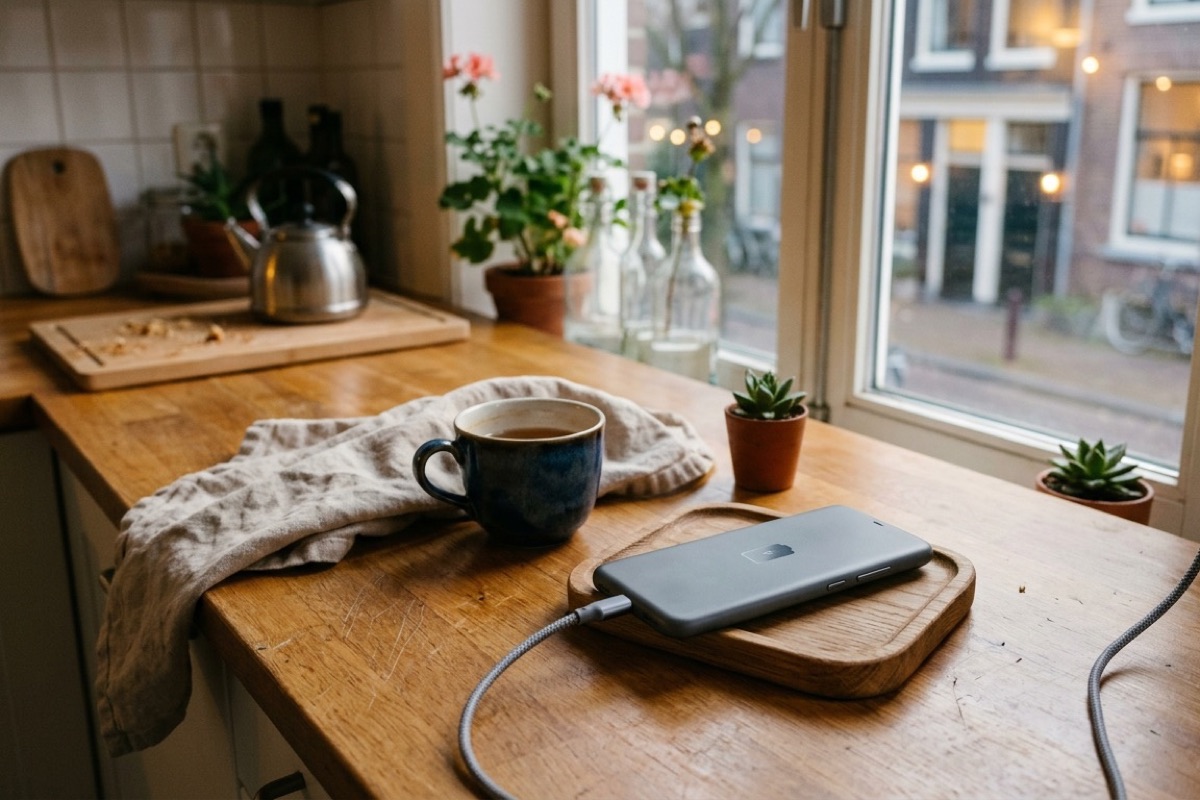 Telefoon ligt op een laad­plek in de keuken in de avond met daglicht door het raam.