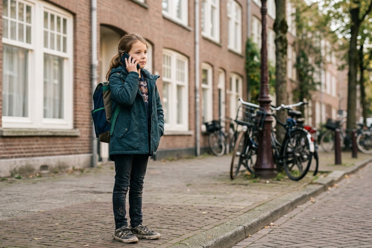 Kind van ongeveer negen jaar belt met een mobiele telefoon op een stoep, dragend een rugzak met daglicht.