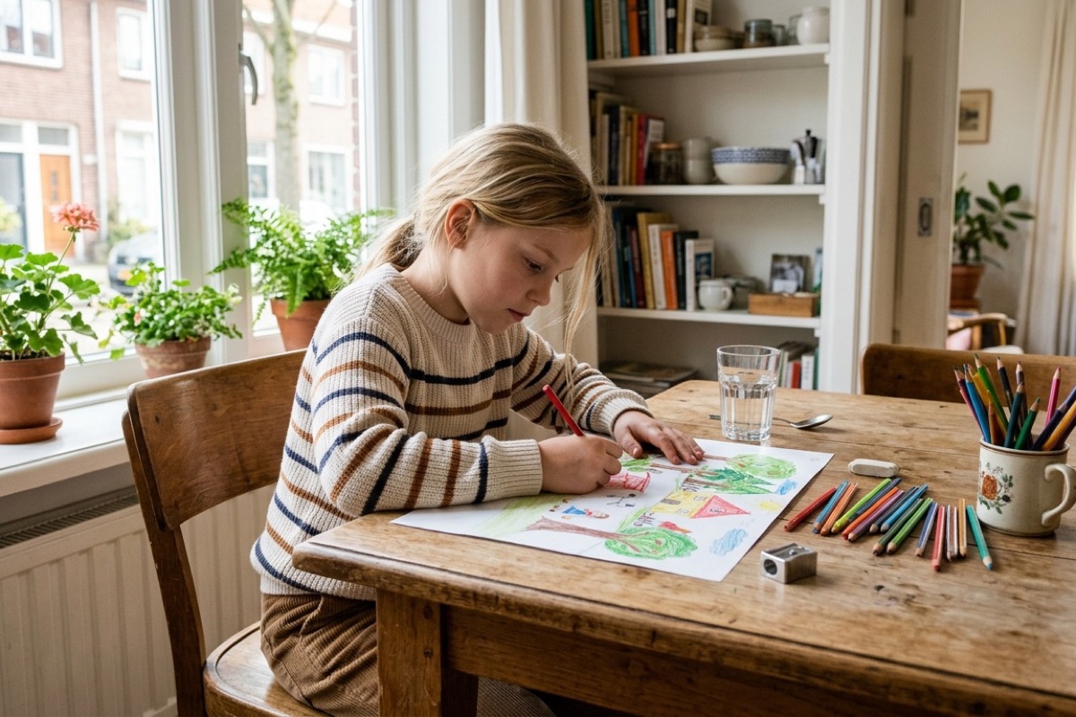Kind tekent rustig aan de eettafel met potloden en een glas water naast zich.