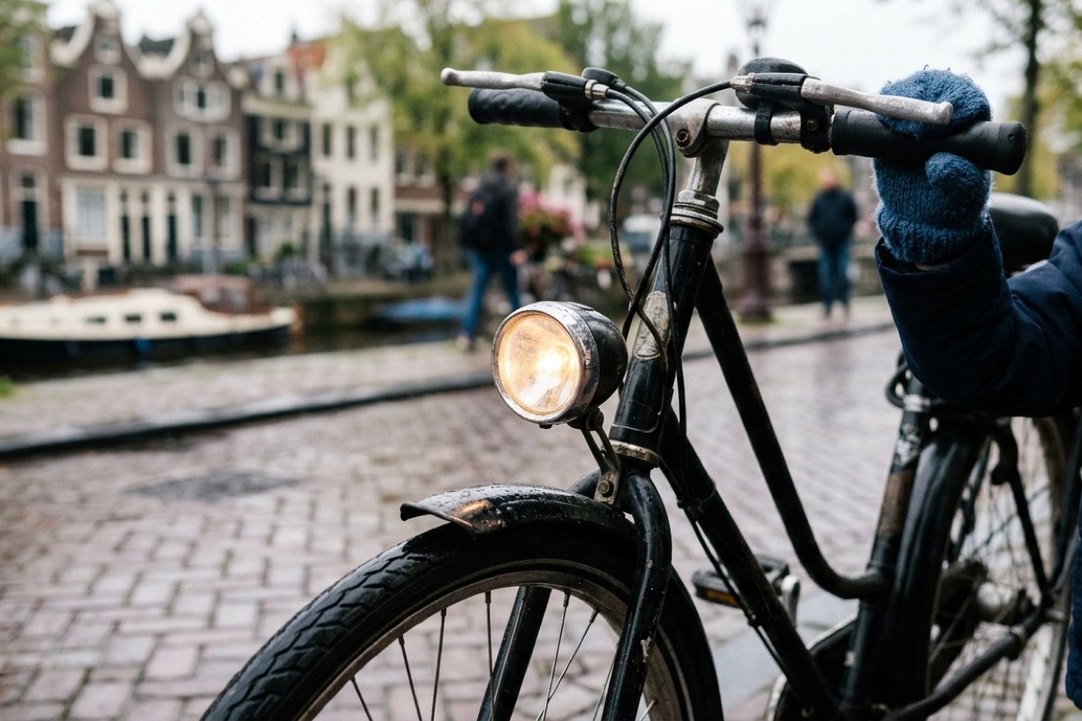 Detail van een aangezet voorlicht op een fiets bij vroege ochtend op een natte straat.