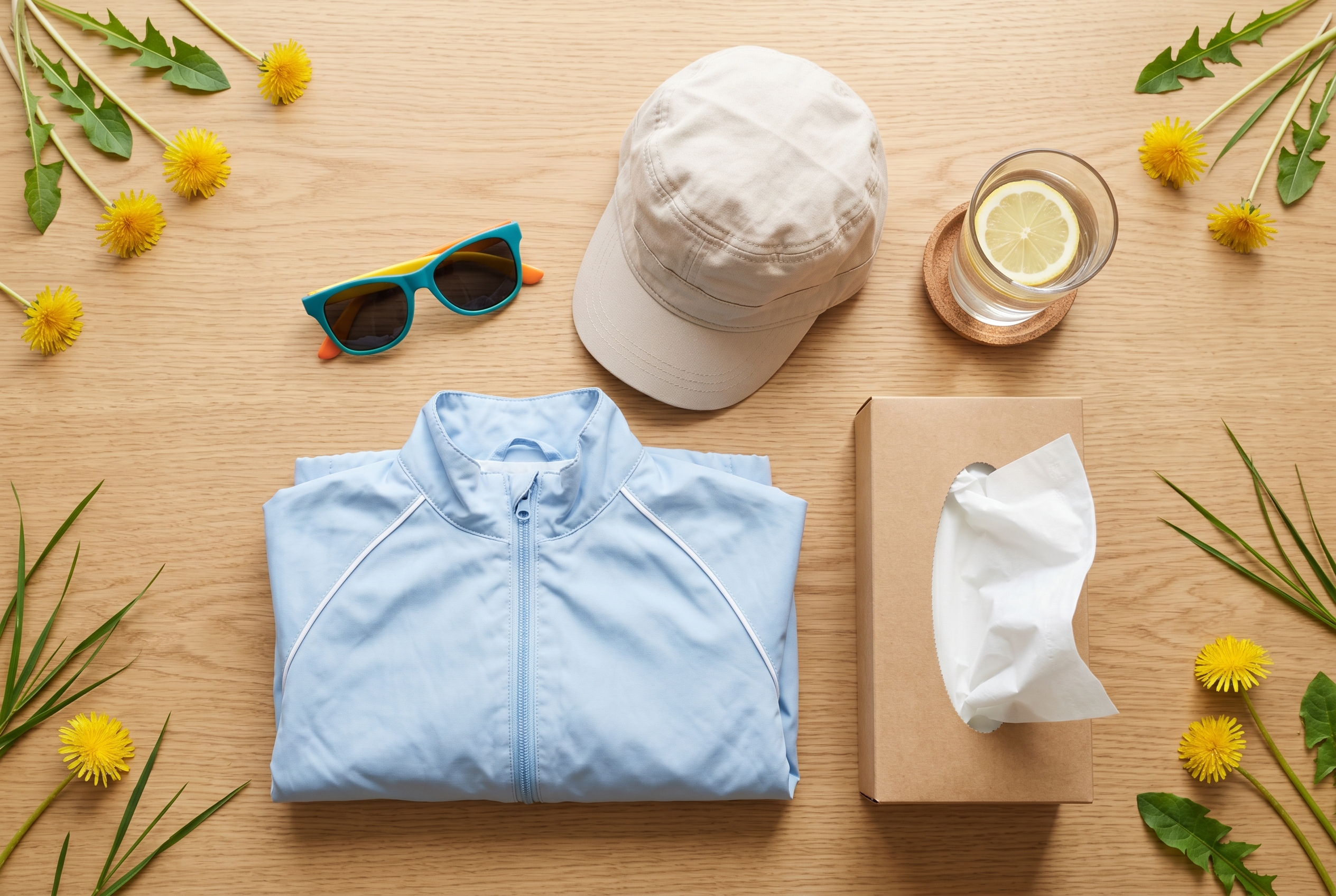 Praktische hooikoorts-set voor kinderen op een houten oppervlak: zonnebril, lichte katoenen pet, dunne gladde sport-jas, papieren tissues en een glas water met paardenbloemen ernaast.