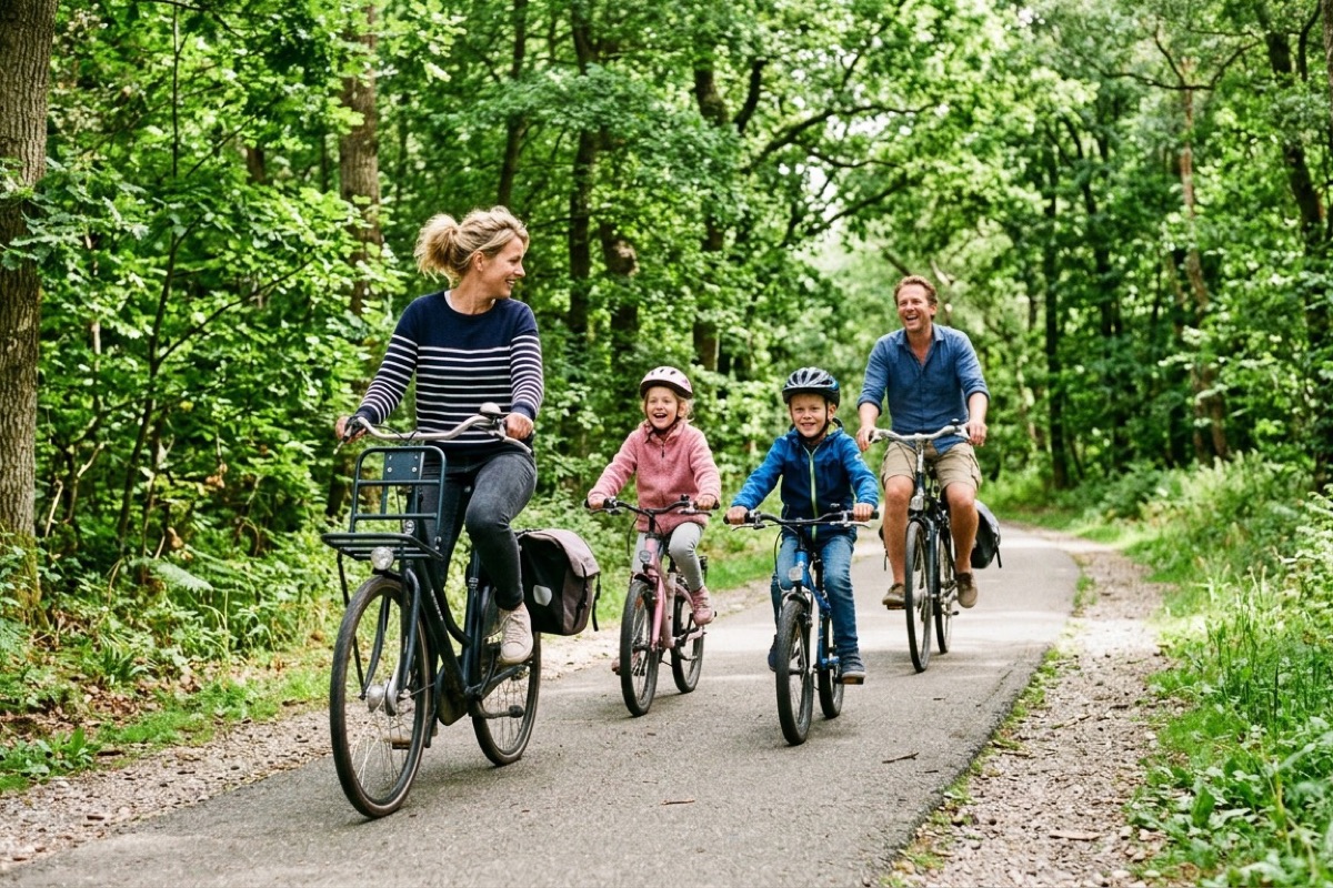 Een Nederlands gezin fietst over een duinpad op Ameland met de witte vuurtoren in de verte