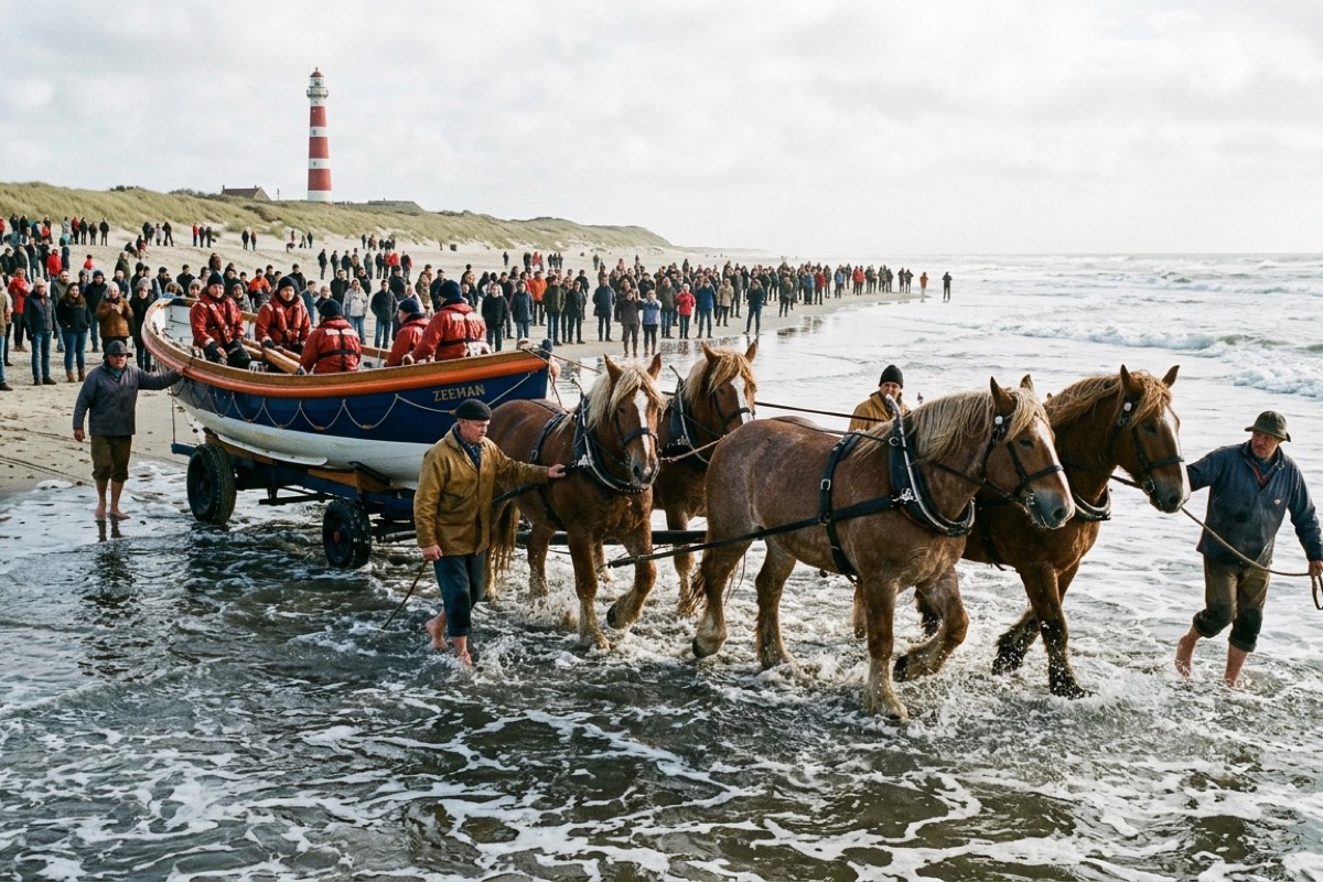 Een paardenreddingboot wordt door paarden uit zee getrokken op een breed Amelands strand bij Hollum