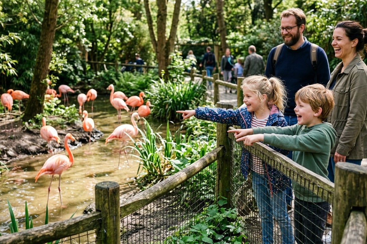 Een Nederlands gezin kijkt naar flamingo's in een dierentuin met lush groene planten