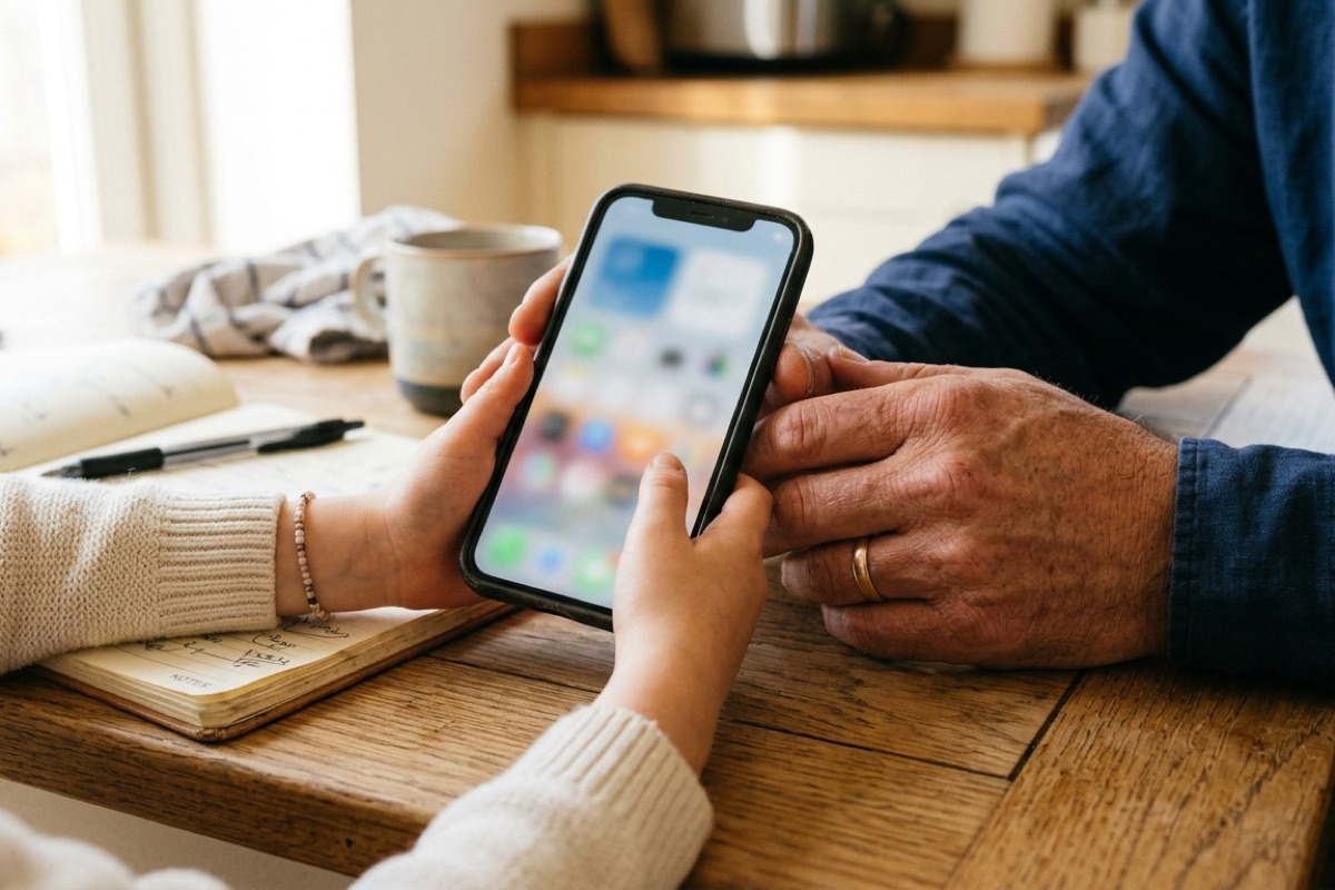 Handen van een ouder en een kind houden samen een telefoon vast en kijken naar instellingen in helder daglicht.