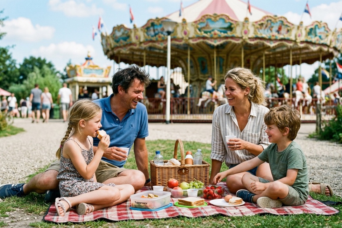 Een Nederlands gezin van vier picknickt op een geblokte deken naast een groot draaiende carrousel in een attractiepark