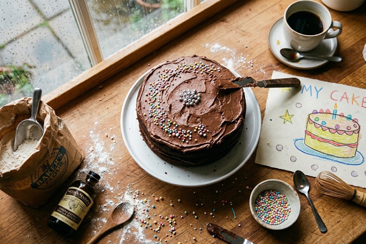 Half versierde chocoladetaart op tafel met kindertekening en koffie