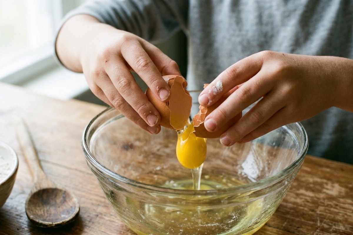 Kinderhanden breken ei boven glazen kom met bloem ernaast