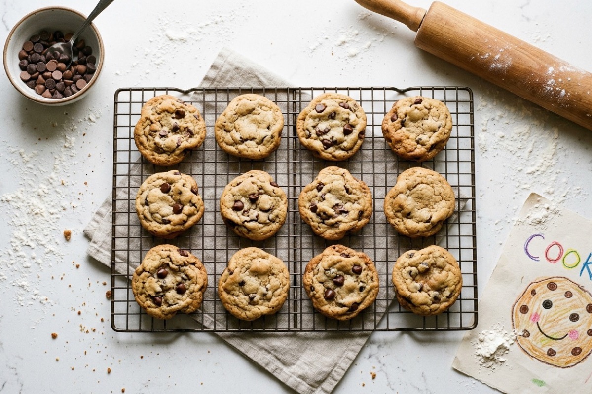 Vers gebakken chocolade chip cookies op koelrooster met kindertekening