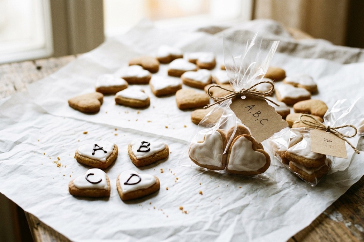 Hartvormige koekjes met witte glazuur en letters voor schooltraktatie