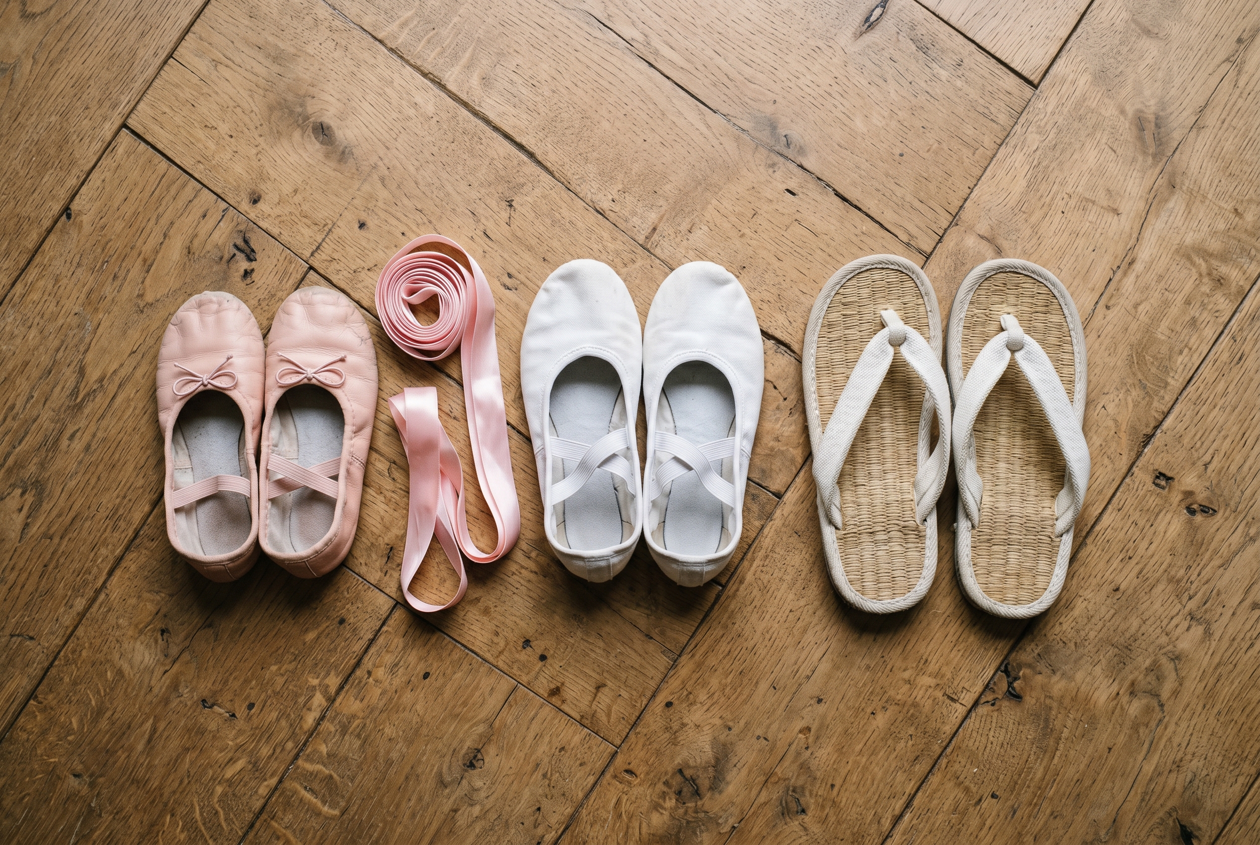 Vier paar dans- en sportschoeisel op een houten vloer: roze leren balletschoentjes met strikje, balletlinten, witte canvas balletschoenen met split-sole, en witte rieten judo-slippers (zori).