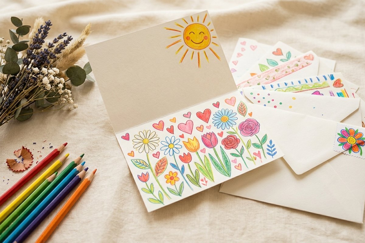 Zelfgemaakte bedankkaart voor de juf met handgeschreven tekst en hart