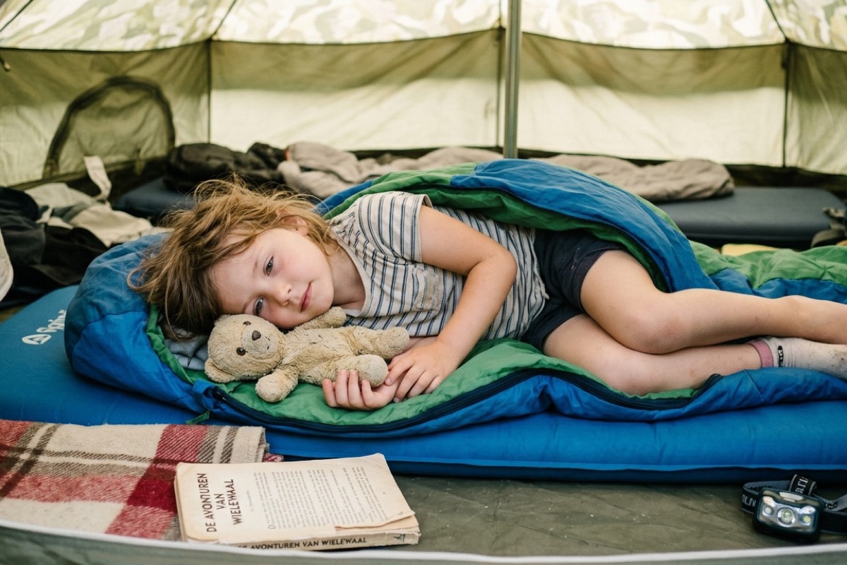 Kind ligt op een zelfopblaasbaar matje in een tent met een knuffel naast zich.