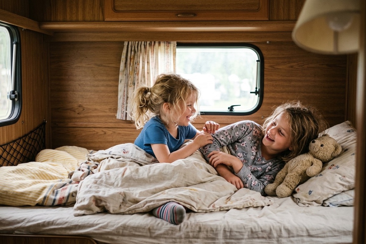 Twee kinderen liggen samen in een caravan-bed met daglicht door het raam.