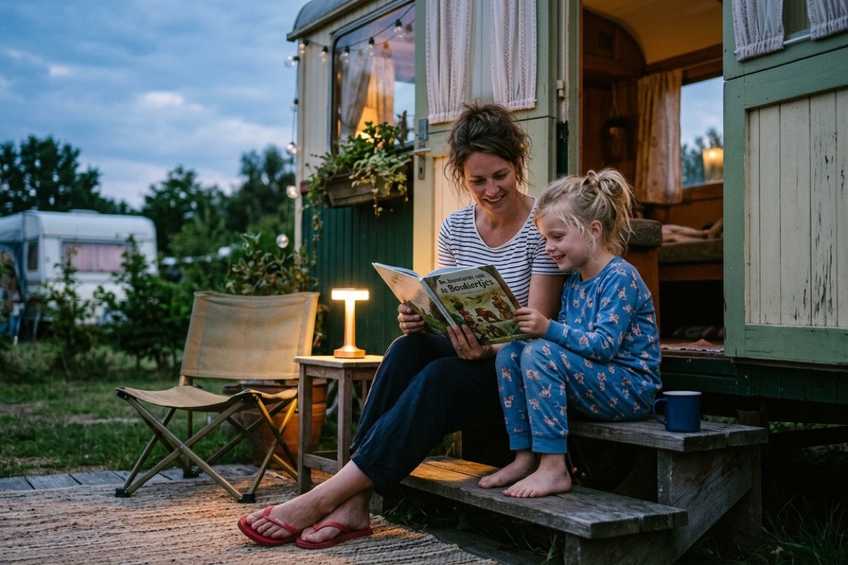Ouder en kind lezen samen in zacht avondlicht bij een huisje of caravan.