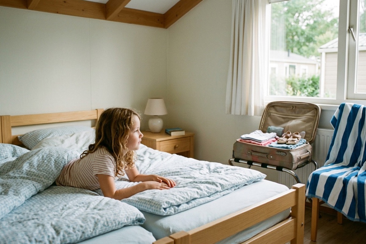 Kind ligt in bed in vakantiehuisje met opgevouwen kleren en koffer in de hoek van de kamer.
