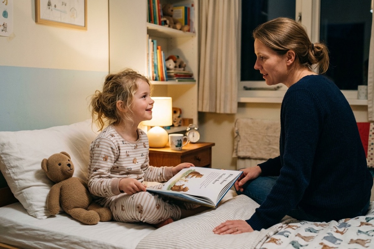 Kind ligt in bed met opengeslagen prentenboek en knuffel terwijl ouder rand van het bed zit.