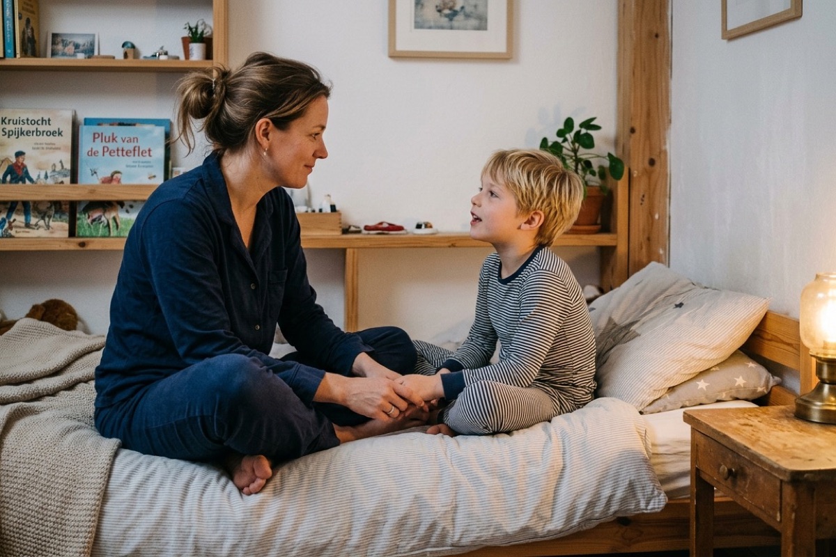 Ouder en kind zitten in pyjama op de rand van het bed en kletsen voor het slapengaan.
