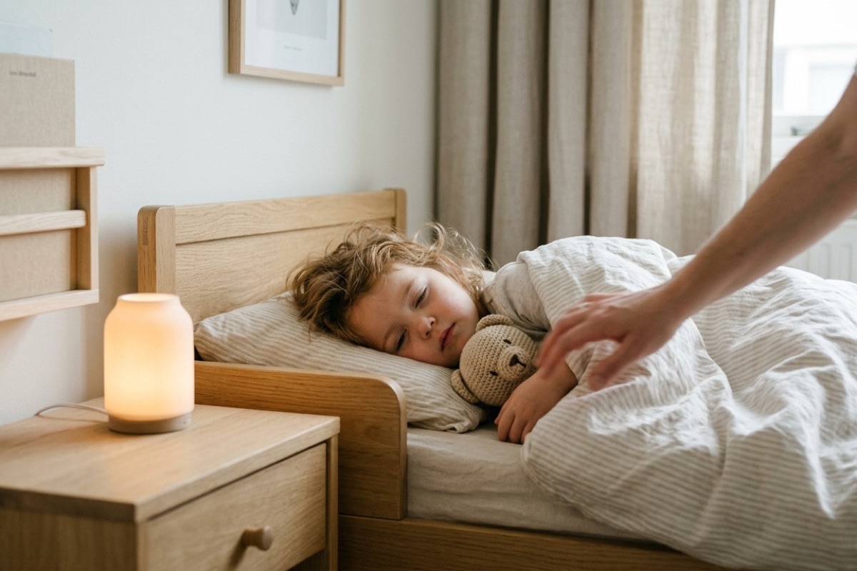 Peuter ligt in eigen bedje met dekentje en knuffel terwijl ouder lichtje uitdoet.