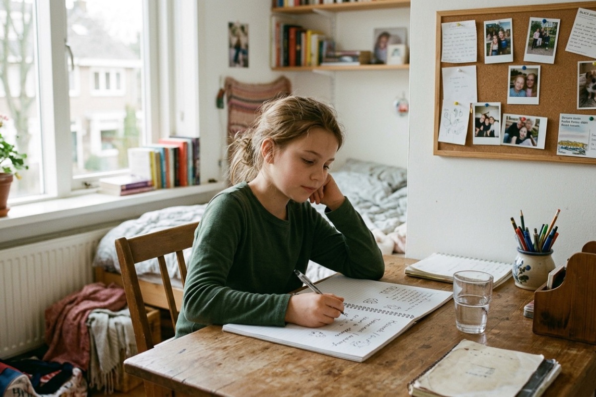 Een Nederlands meisje van elf schrijft of tekent rustig in haar schriftje aan een bureau in haar slaapkamer.