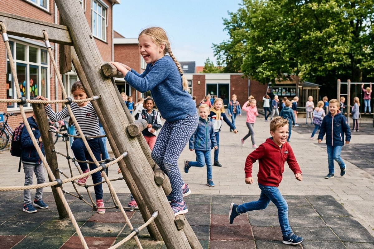 Nederlandse basisschoolkinderen rennen en klimmen op een zonnig schoolplein tijdens de pauze.