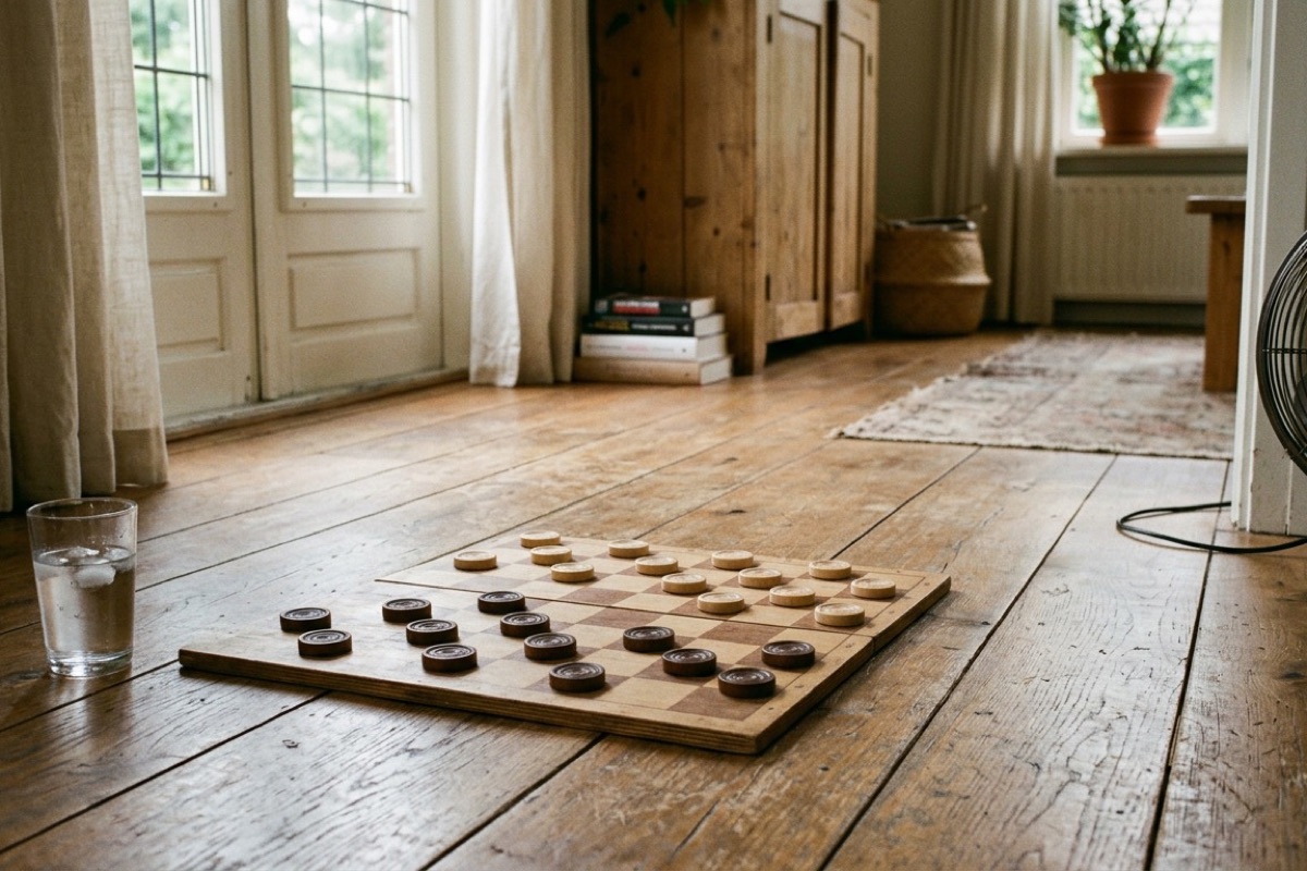 Een dambord op de houten vloer van een Nederlandse woonkamer met een ventilator en een glas water ernaast