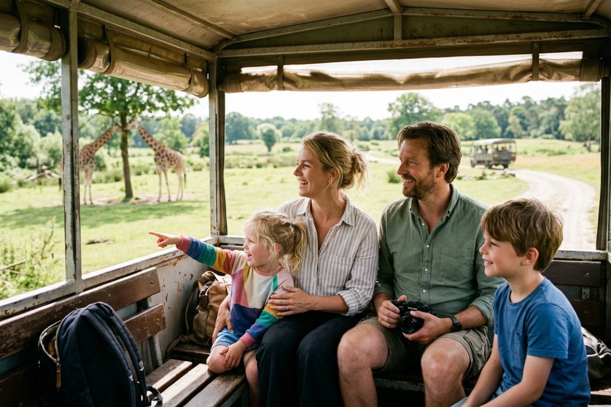 Twee Nederlandse kinderen kijken naar giraffen vanuit een safari-bus in een Brabants safaripark
