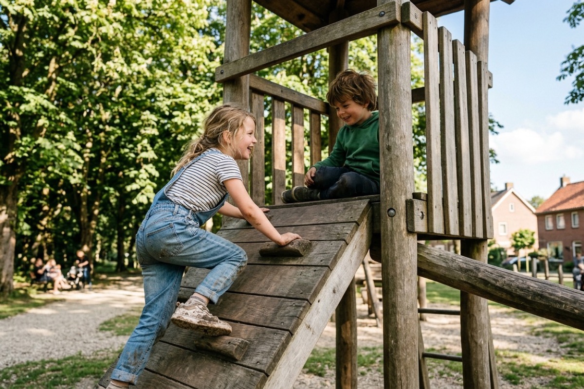 Een Nederlands gezin loopt door een sprookjesbos met houten huisjes en een houten brug