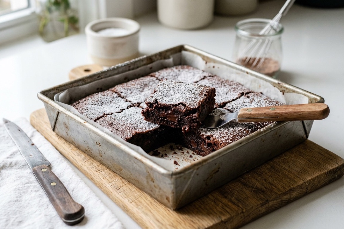 Verse chocolade brownie in bakvorm met poedersuiker en spatel