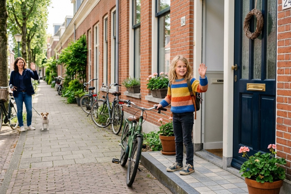 Kind van ongeveer acht jaar staat bij een voordeur en zwaait naar een ouder die op een afstand op de stoep wacht.