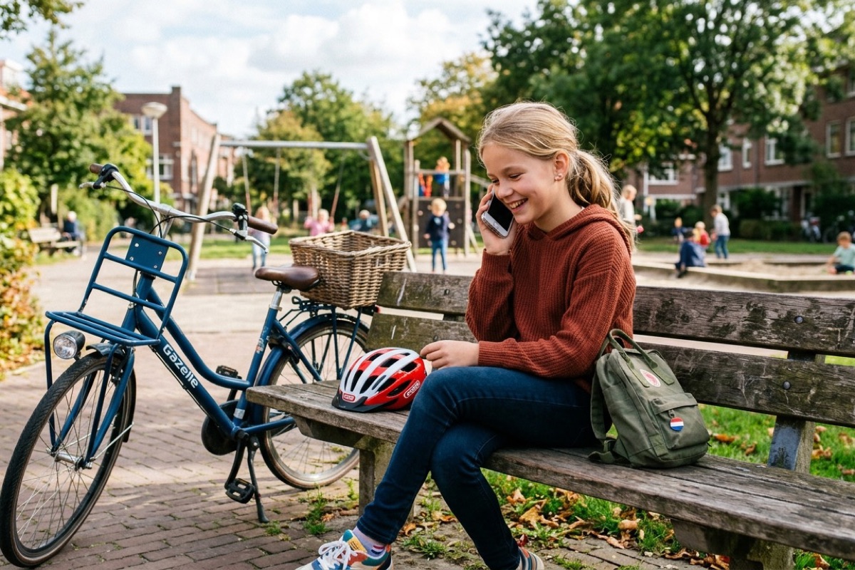 Kind van ongeveer elf jaar belt op de bank in een speeltuin met een ouder, helm naast zich.