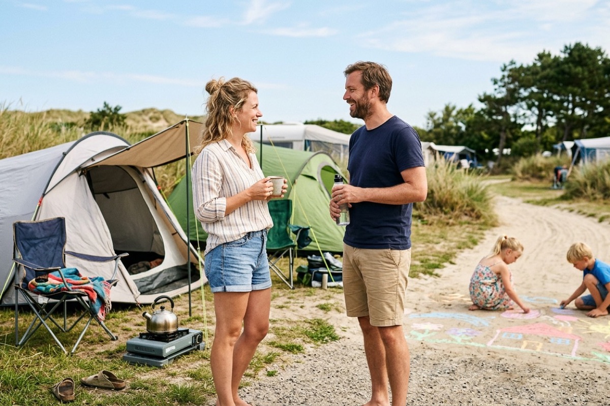 Twee ouders praten ontspannen bij hun campingplekjes terwijl kinderen op de achtergrond met krijt op een paadje tekenen.