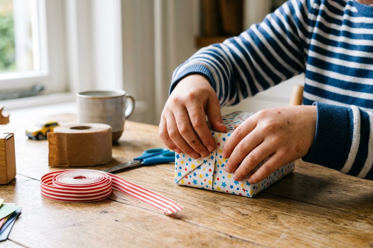Kinderhanden pakken een klein cadeautje in vrolijk gestreept papier in aan een keukentafel met lint en schaar ernaast.