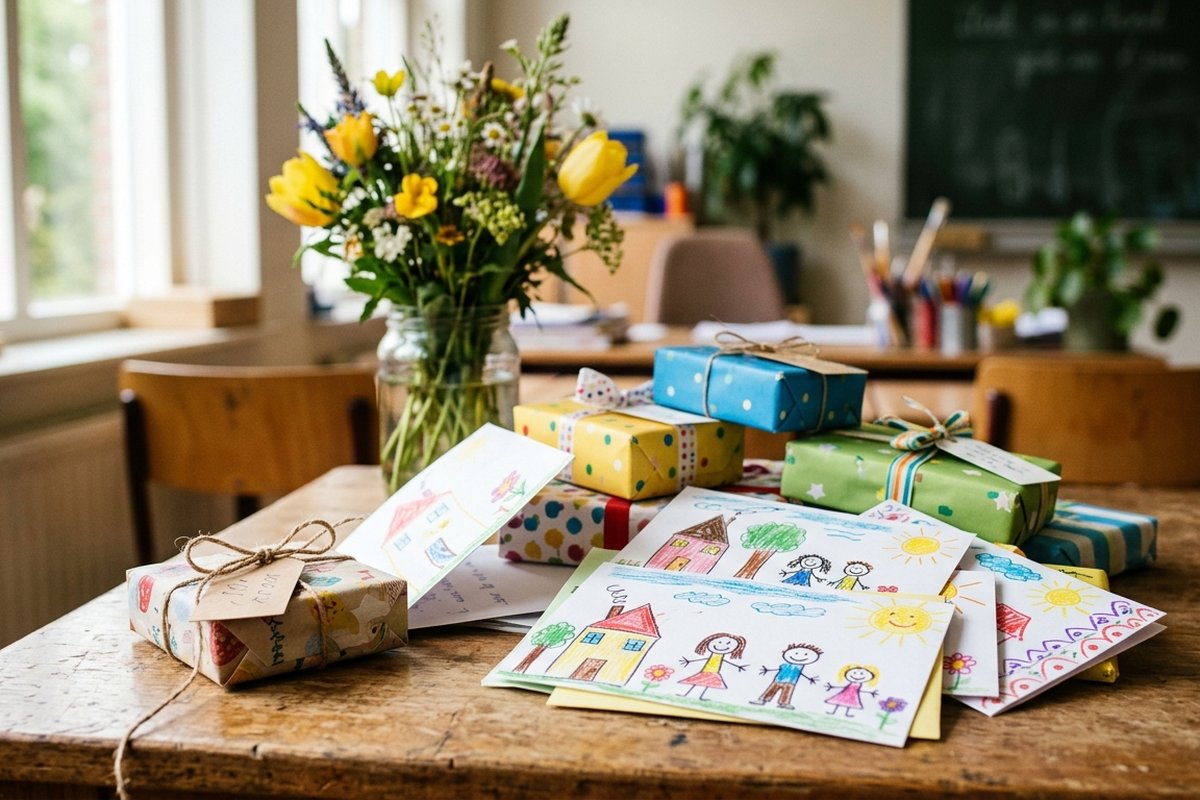 Bedankkaart en bloemen voor de juf op de laatste schooldag