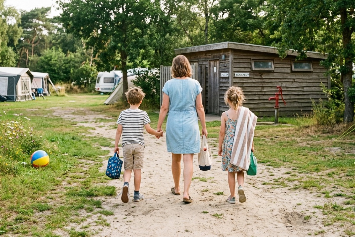 Twee kinderen lopen samen met een ouder mee naar het toiletgebouw op een camping in zacht ochtendlicht.