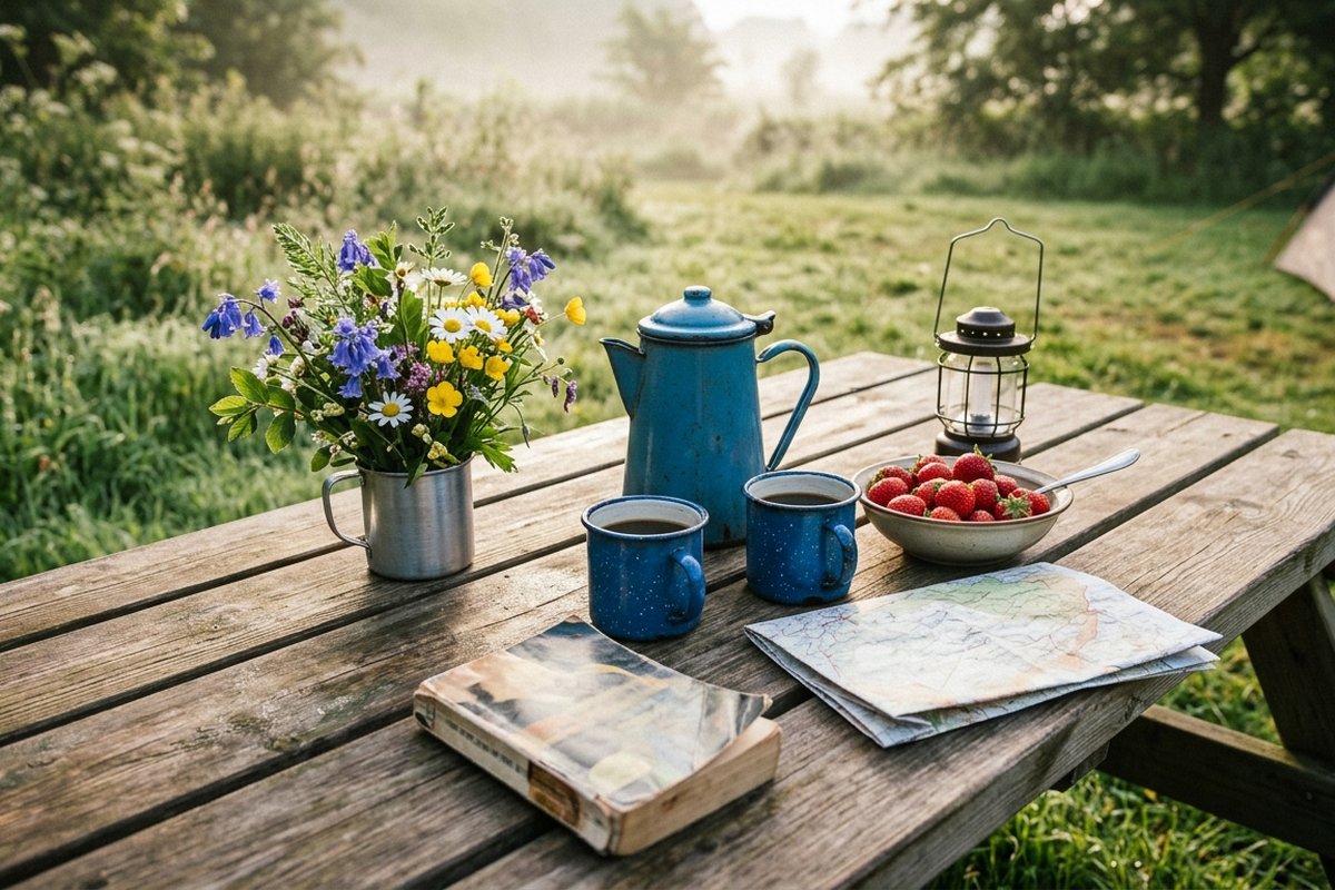 Gezin met kinderen voor een tent op een groene camping in de zon