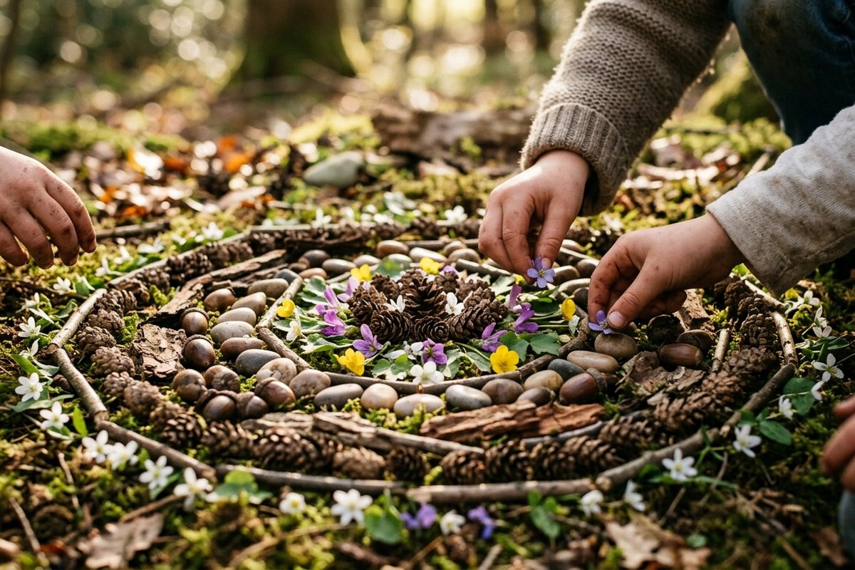 Kinderen spelen op een campingweide met dennenappels en een touwtje tussen de tenten