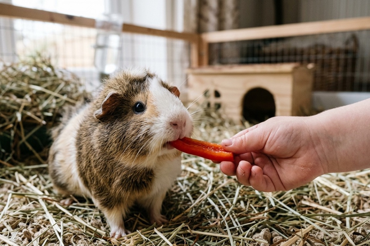 Een kindshand biedt een stukje paprika aan een cavia die voorzichtig hapt in een hooi-rijke ren