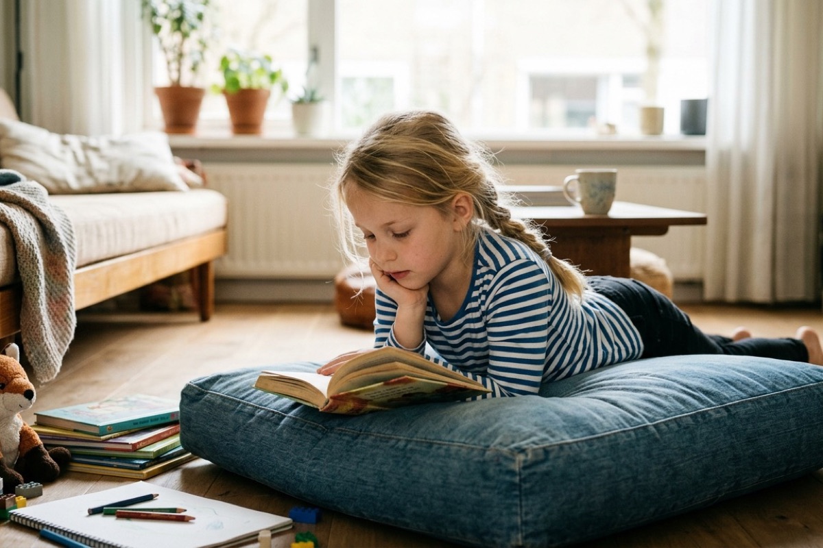 Meisje van negen leest in een boek terwijl ze op een kussen ligt in een lichte woonkamer.