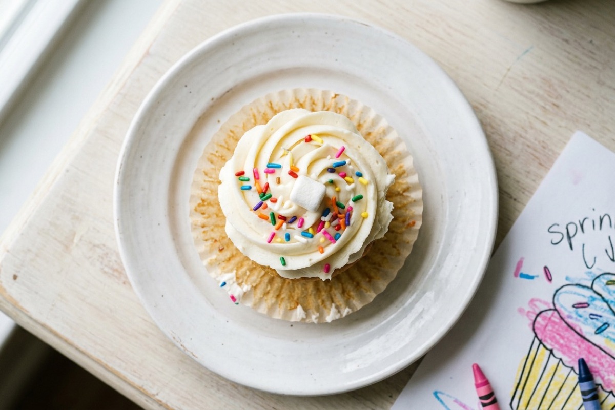 Versierde cupcake met witte botercrème en hagelslag op wit bord