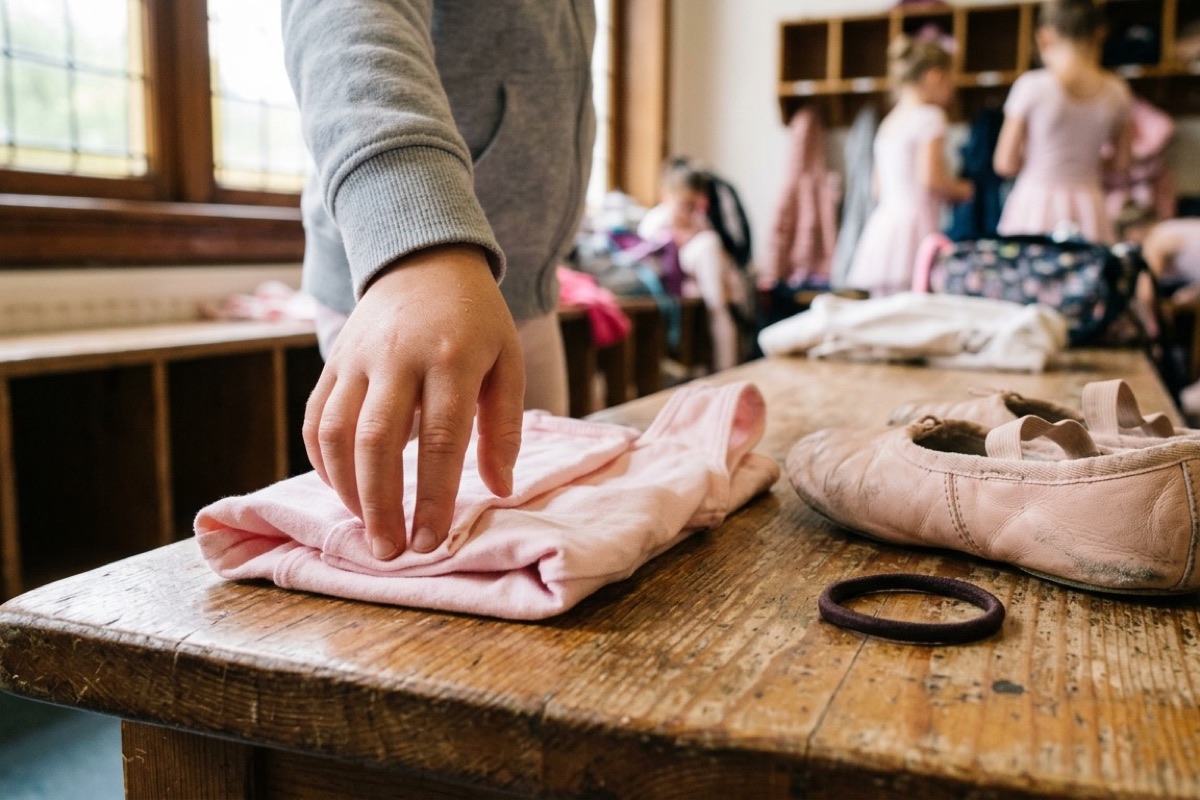 Kind vouwt een lichtroze balletpakje op een houten bank in een kleedruimte, balletschoentjes en haar-elastiek liggen ernaast.