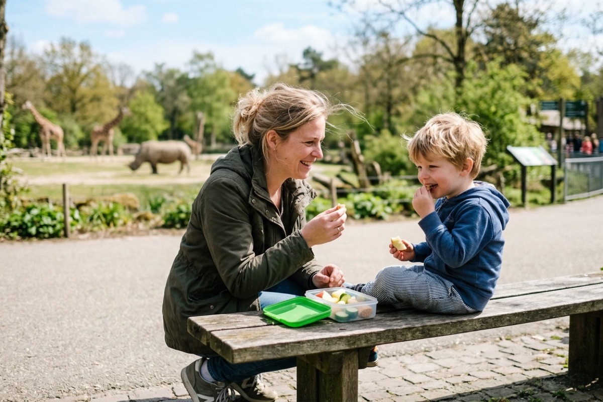 Een ouder en peuter delen samen lunch op een houten bankje in een Nederlandse dierentuin met giraffen op de achtergrond