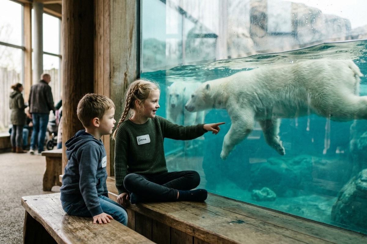 Twee kinderen kijken naar ijsberen in een grote zoo-omgeving met sneeuwlandschap
