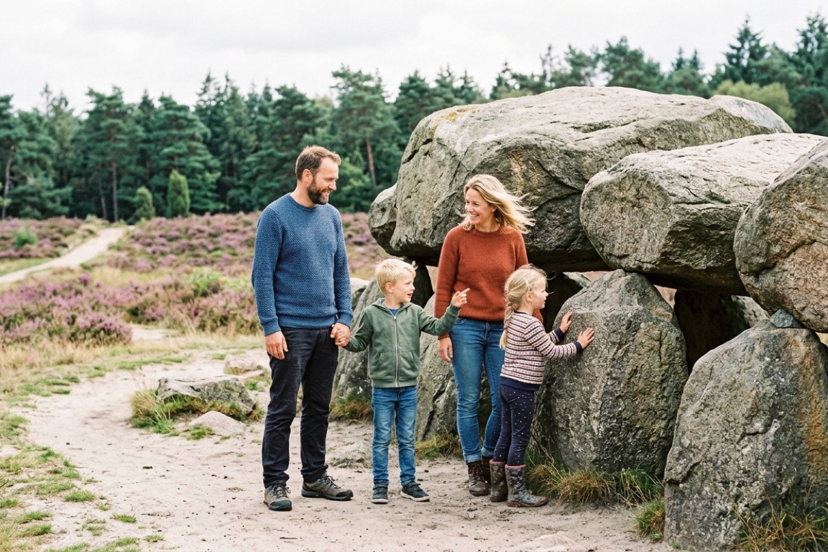 Een Nederlandse familie wandelt langs een groot hunebed in een Drents natuurgebied